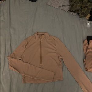 SHEIN Ribbed Half-Zip Long Sleeve Top - Beige